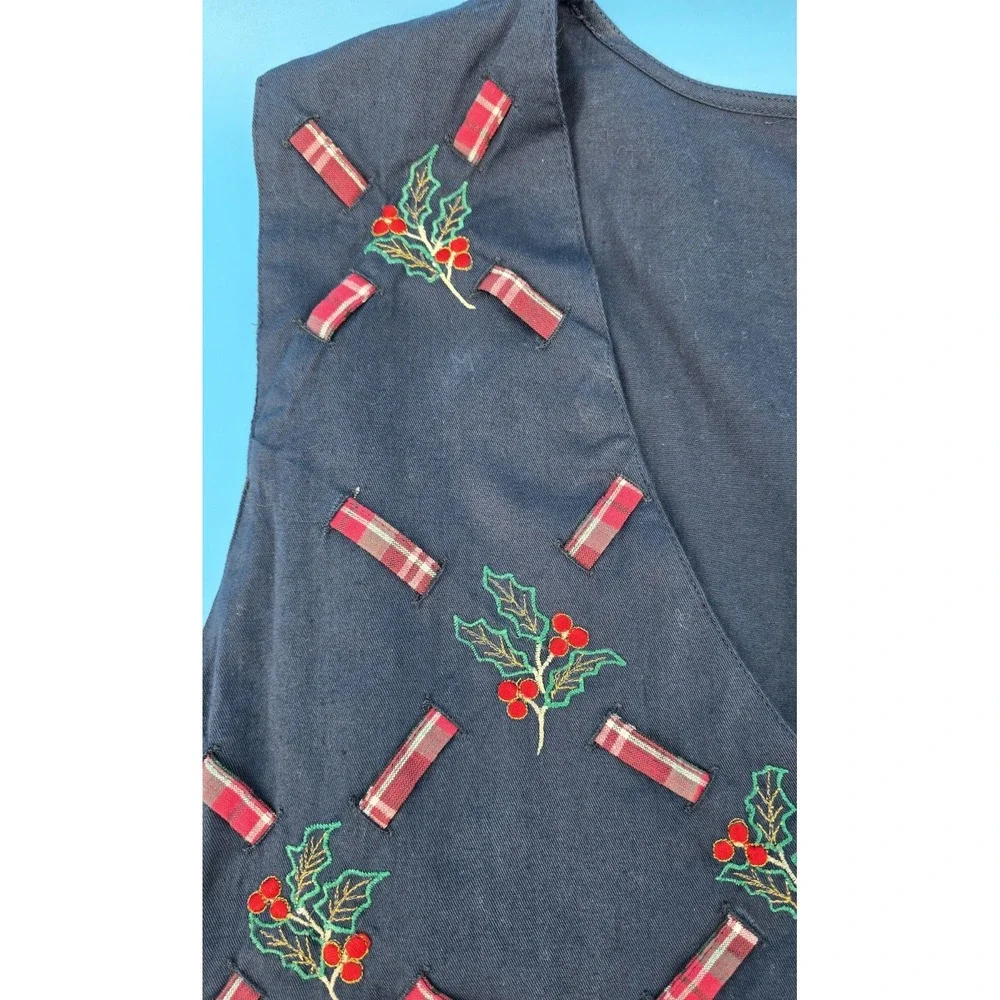 Vtg Bobbie Brooks Christmas Vest Womens 18/20W Blue Embroidered Holly Ribbon Mom